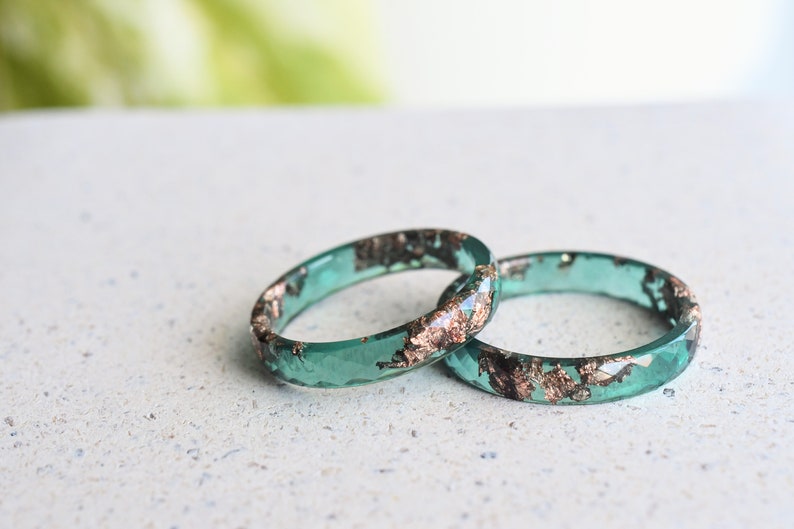 Jade Green Ring With Rose Gold Leaf - Alternative Wedding Band - Skinny Faceted Resin Ring