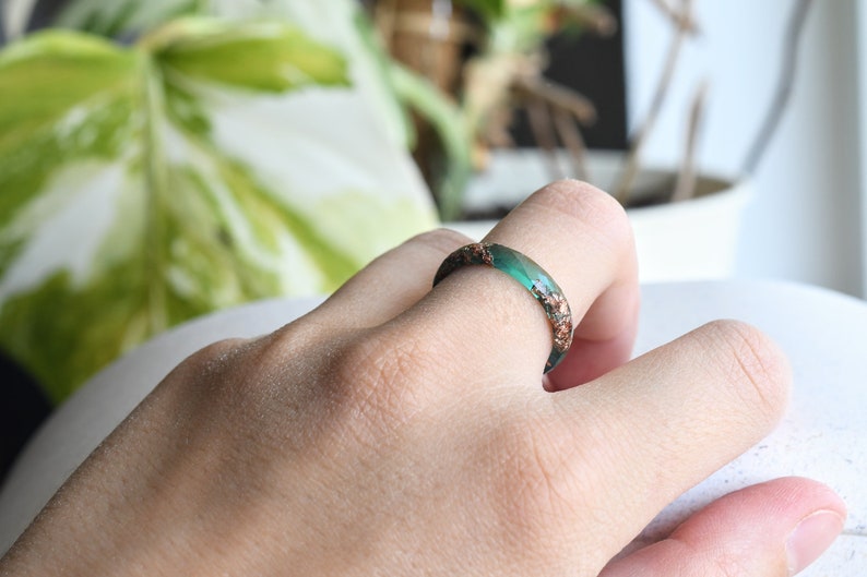 Jade Green Ring With Rose Gold Leaf - Alternative Wedding Band - Skinny Faceted Resin Ring