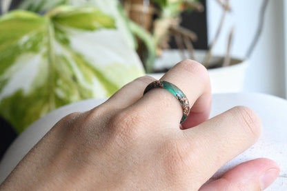 Jade Green Ring With Rose Gold Leaf - Alternative Wedding Band - Skinny Faceted Resin Ring