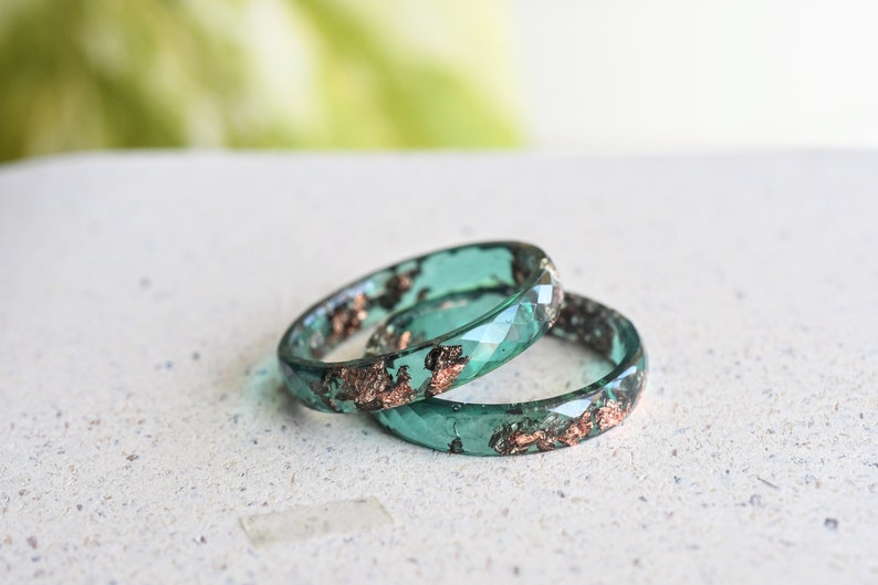 Jade Green Ring With Rose Gold Leaf - Alternative Wedding Band - Skinny Faceted Resin Ring