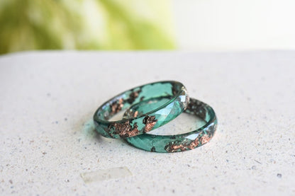 Jade Green Ring With Rose Gold Leaf - Alternative Wedding Band - Skinny Faceted Resin Ring