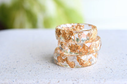 Transparent Band Ring With Gold Flakes - Handmade Faceted Gold Ring - Minimalist Resin Jewelry
