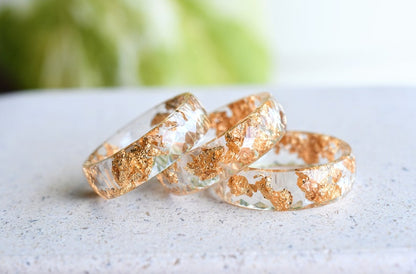 Transparent Band Ring With Gold Flakes - Handmade Faceted Gold Ring - Minimalist Resin Jewelry
