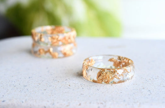 Transparent Band Ring With Gold Flakes - Handmade Faceted Gold Ring - Minimalist Resin Jewelry