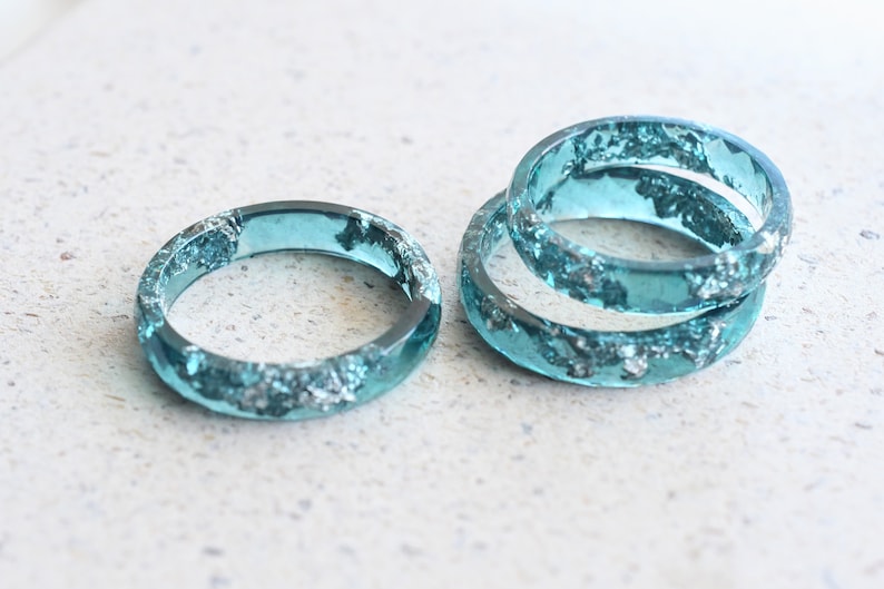 Teal Faceted Resin Ring With Silver Flakes - Thin Stacking Ring - Unconventional Engagement Ring - Resin Jewelry