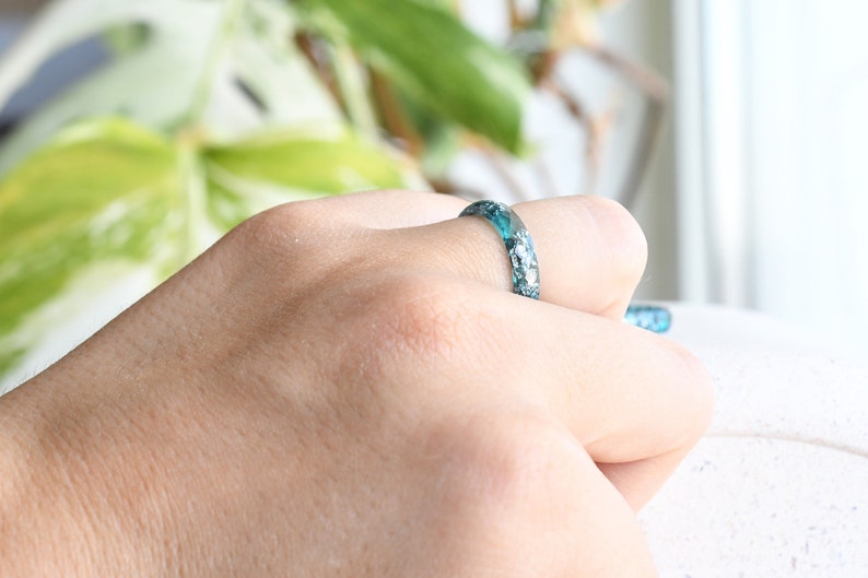 Teal Faceted Resin Ring With Silver Flakes - Thin Stacking Ring - Unconventional Engagement Ring - Resin Jewelry