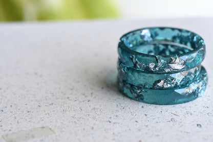 Teal Faceted Resin Ring With Silver Flakes - Thin Stacking Ring - Unconventional Engagement Ring - Resin Jewelry