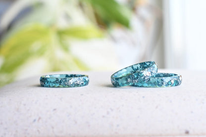Teal Faceted Resin Ring With Silver Flakes - Thin Stacking Ring - Unconventional Engagement Ring - Resin Jewelry