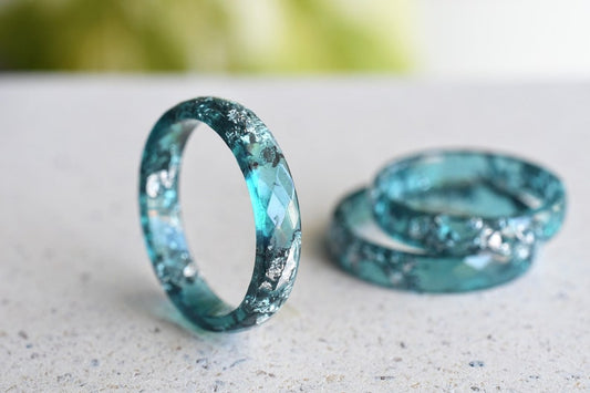 Teal Faceted Resin Ring With Silver Flakes - Thin Stacking Ring - Unconventional Engagement Ring - Resin Jewelry