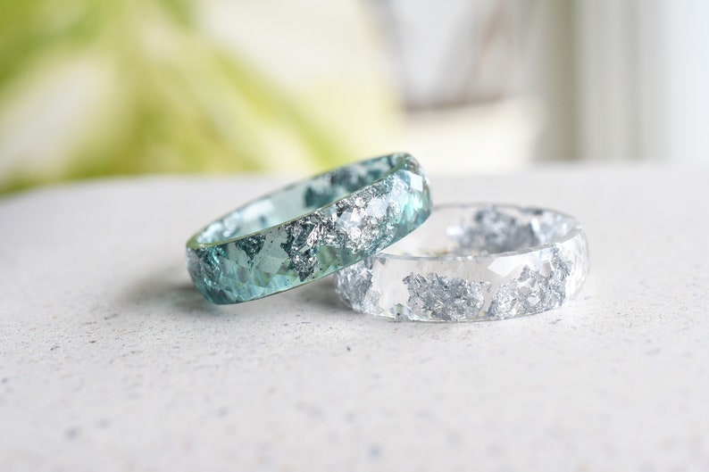Aquamarine Resin Ring With Silver Leaf - Alternative Engagement Ring