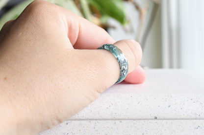 Aquamarine Resin Ring | March Birthstone Alternative | Silver Leaf | Handmade Stackable Ring | Gift for Her