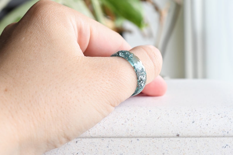 Aquamarine Resin Ring With Silver Leaf - Alternative Engagement Ring