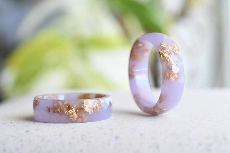 Pastel Purple Resin Ring with Gold Flakes - Faceted Resin Band