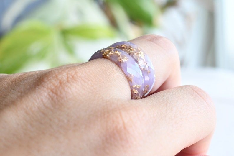 Pastel Purple Resin Ring with Gold Flakes - Faceted Resin Band