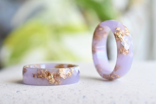 Pastel Purple Resin Ring with Gold Flakes - Faceted Resin Band