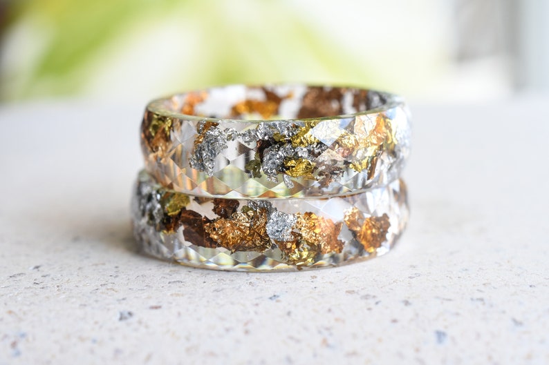 Transparent Faceted Ring With Mixed Metallic Flakes - Resin Ring - Alternative Ring - Resin Jewelry