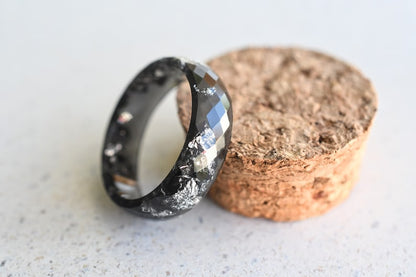 Black Faceted Resin Ring With Silver Leaf - Alternative Engagement Ring - Mens Ring