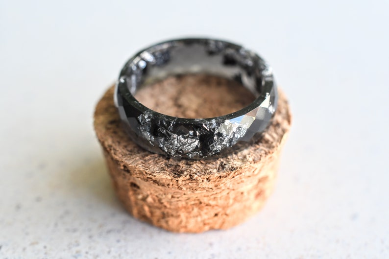 Black Faceted Resin Ring With Silver Leaf - Alternative Engagement Ring - Mens Ring