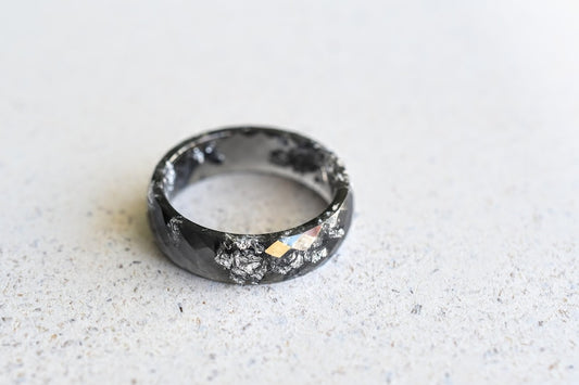 Black Faceted Resin Ring With Silver Leaf - Alternative Engagement Ring - Mens Ring