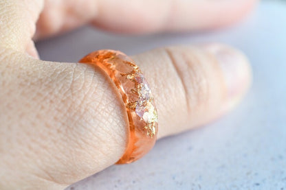 Peach Faceted Resin Ring with Gold Flakes - Faceted Band Ring - Resin Stacking Ring - Minimal Resin Jewelry
