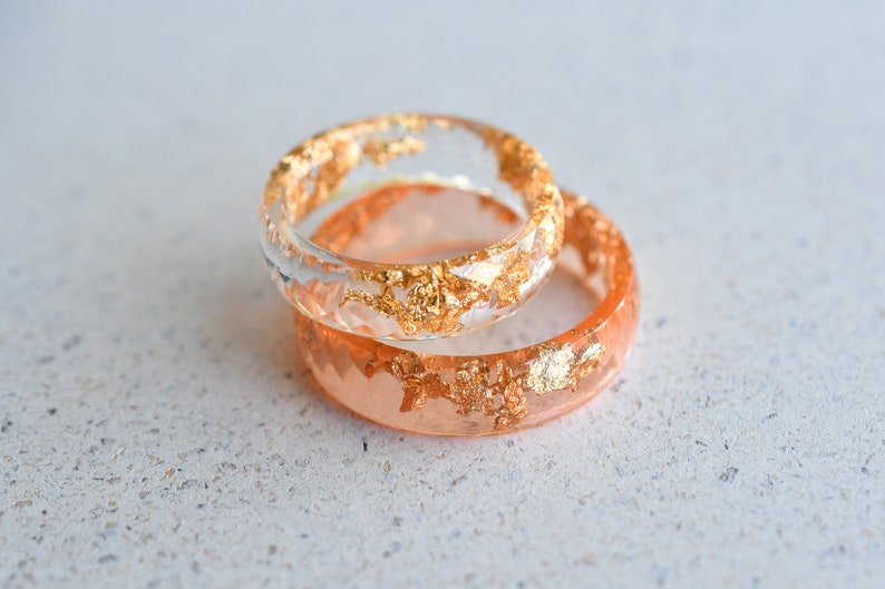 Peach Faceted Resin Ring with Gold Flakes - Faceted Band Ring - Resin Stacking Ring - Minimal Resin Jewelry