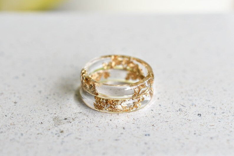 Smooth Gold Leaf Ring in Transparent Resin - Promise Ring for Her - Resin Costume Jewelry
