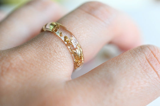 Smooth Gold Leaf Ring in Transparent Resin - Promise Ring for Her - Resin Costume Jewelry