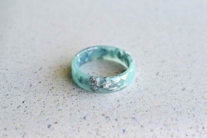 Mint Faceted Resin Ring with Silver Leaf – Dainty Stacking Promise Ring, Hypoallergenic Turquoise Engagement Band, Handmade Gift for Her