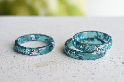 Teal Faceted Resin Ring With Silver Flakes - Thin Stacking Ring - Unconventional Engagement Ring - Resin Jewelry