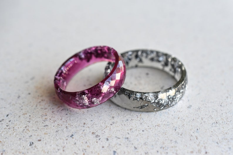 Purple Hypoallergenic Ring with Silver Flakes - Faceted Resin Ring - Thumb Stacking Ring - Resin Jewelry