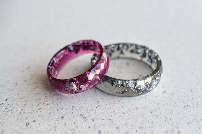 Purple Hypoallergenic Ring with Silver Flakes - Faceted Resin Ring - Thumb Stacking Ring - Resin Jewelry