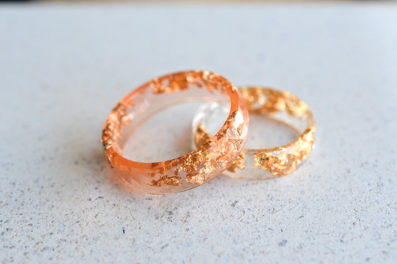 Peach Faceted Resin Ring with Gold Flakes - Faceted Band Ring - Resin Stacking Ring - Minimal Resin Jewelry