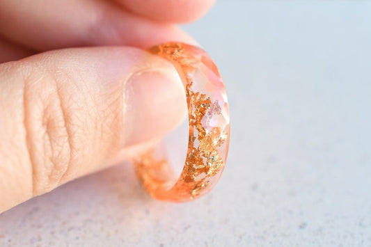 Peach Faceted Resin Ring with Gold Flakes - Faceted Band Ring - Resin Stacking Ring - Minimal Resin Jewelry