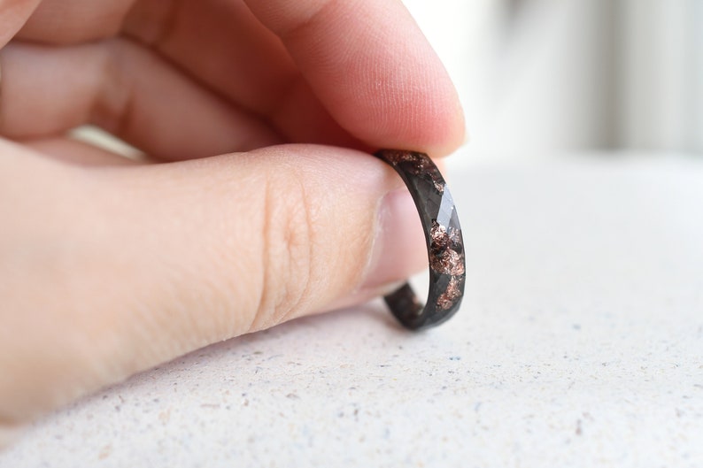 Black Resin Ring With Rose Gold Leaf - Thin Faceted Stacking Ring - Resin Jewelry