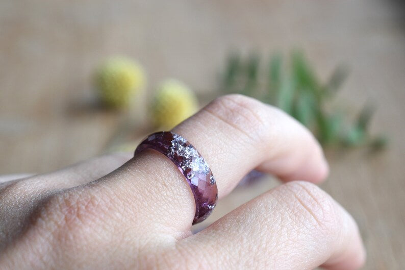 Plum Resin Ring With Silver Leaf - Promise Ring for Her - Unique Wedding Bands