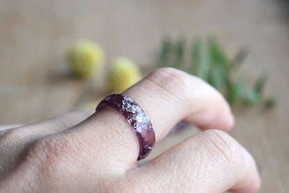 Plum Resin Ring With Silver Leaf - Promise Ring for Her - Unique Wedding Bands