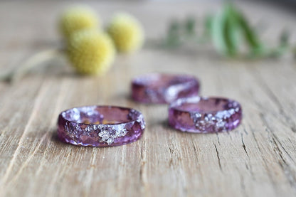 Plum Resin Ring With Silver Leaf - Promise Ring for Her - Unique Wedding Bands