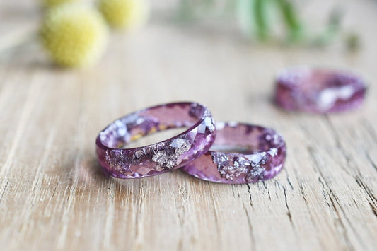 Plum Resin Ring With Silver Leaf - Promise Ring for Her - Unique Wedding Bands