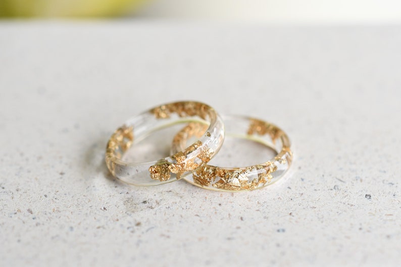 Smooth Gold Leaf Ring in Transparent Resin - Promise Ring for Her - Resin Costume Jewelry