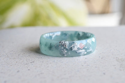 Mint Faceted Resin Ring with Silver Leaf – Dainty Stacking Promise Ring, Hypoallergenic Turquoise Engagement Band, Handmade Gift for Her