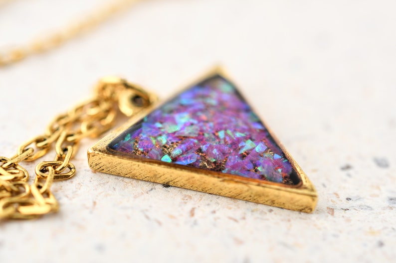 Pink Opal Gold Layering Necklace - Crushed Opal Pendant - Resin Jewelry