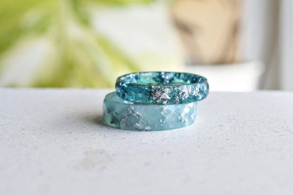 Mint Faceted Resin Ring with Silver Leaf – Dainty Stacking Promise Ring, Hypoallergenic Turquoise Engagement Band, Handmade Gift for Her