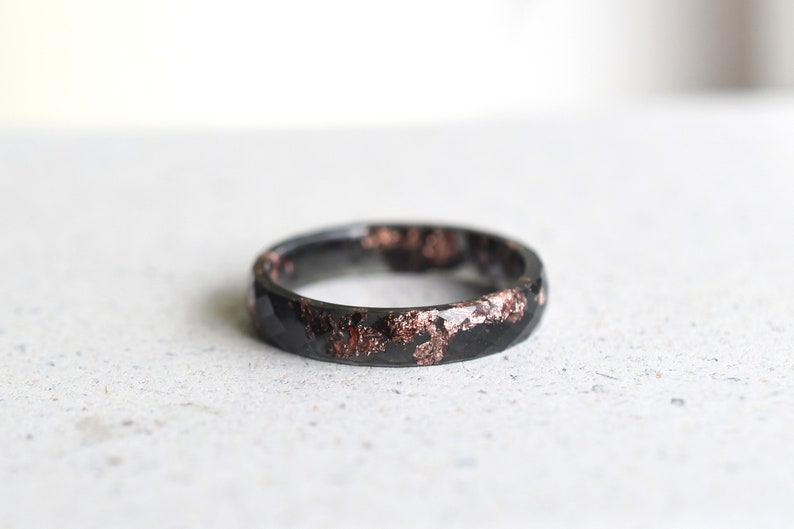 Black Resin Ring With Rose Gold Leaf - Thin Faceted Stacking Ring - Resin Jewelry