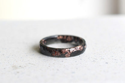 Black Resin Ring With Rose Gold Leaf - Thin Faceted Stacking Ring - Resin Jewelry