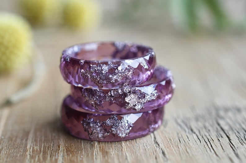 Plum Resin Ring With Silver Leaf - Promise Ring for Her - Unique Wedding Bands