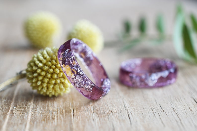 Plum Resin Ring With Silver Leaf - Promise Ring for Her - Unique Wedding Bands