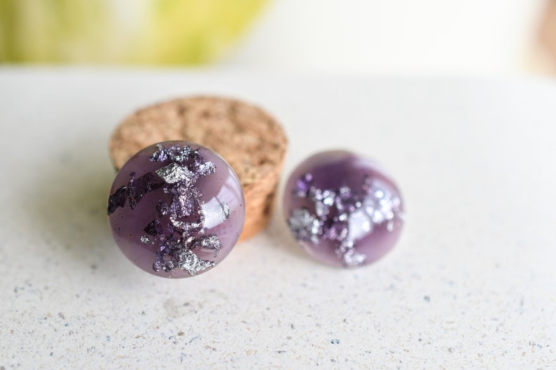 Handmade Purple Stud Earrings with Silver Leaf - Surgical Steel Posts - Resin Jewelry