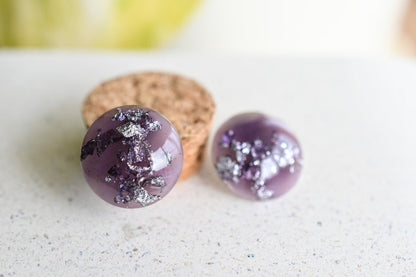 Handmade Purple Stud Earrings with Silver Leaf - Surgical Steel Posts - Resin Jewelry