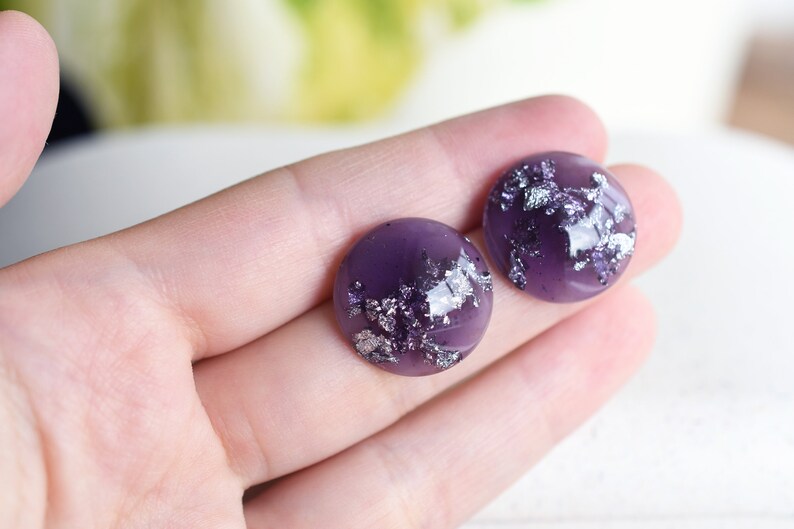 Handmade Purple Stud Earrings with Silver Leaf - Surgical Steel Posts - Resin Jewelry