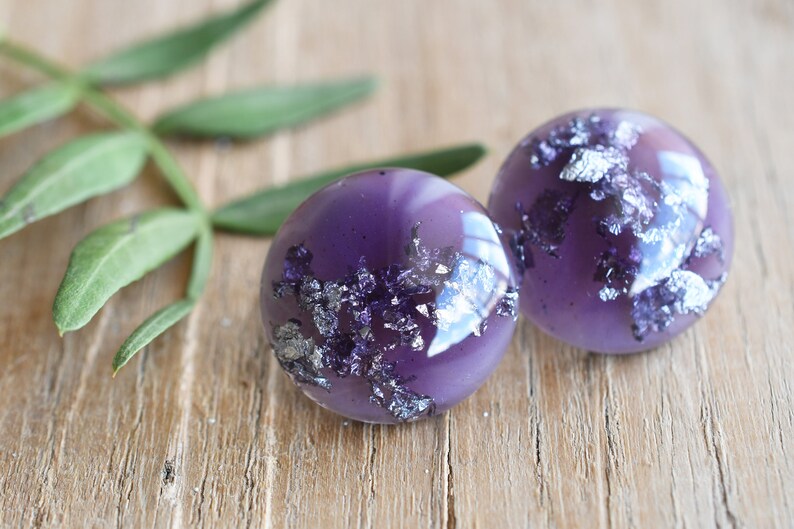 Handmade Purple Stud Earrings with Silver Leaf - Surgical Steel Posts - Resin Jewelry